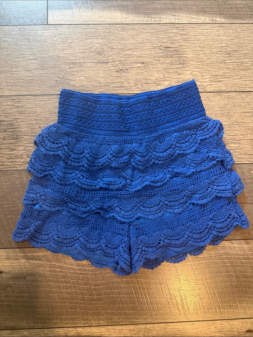 Women's Royal Blue Crochet Layered Shorts with High Waist